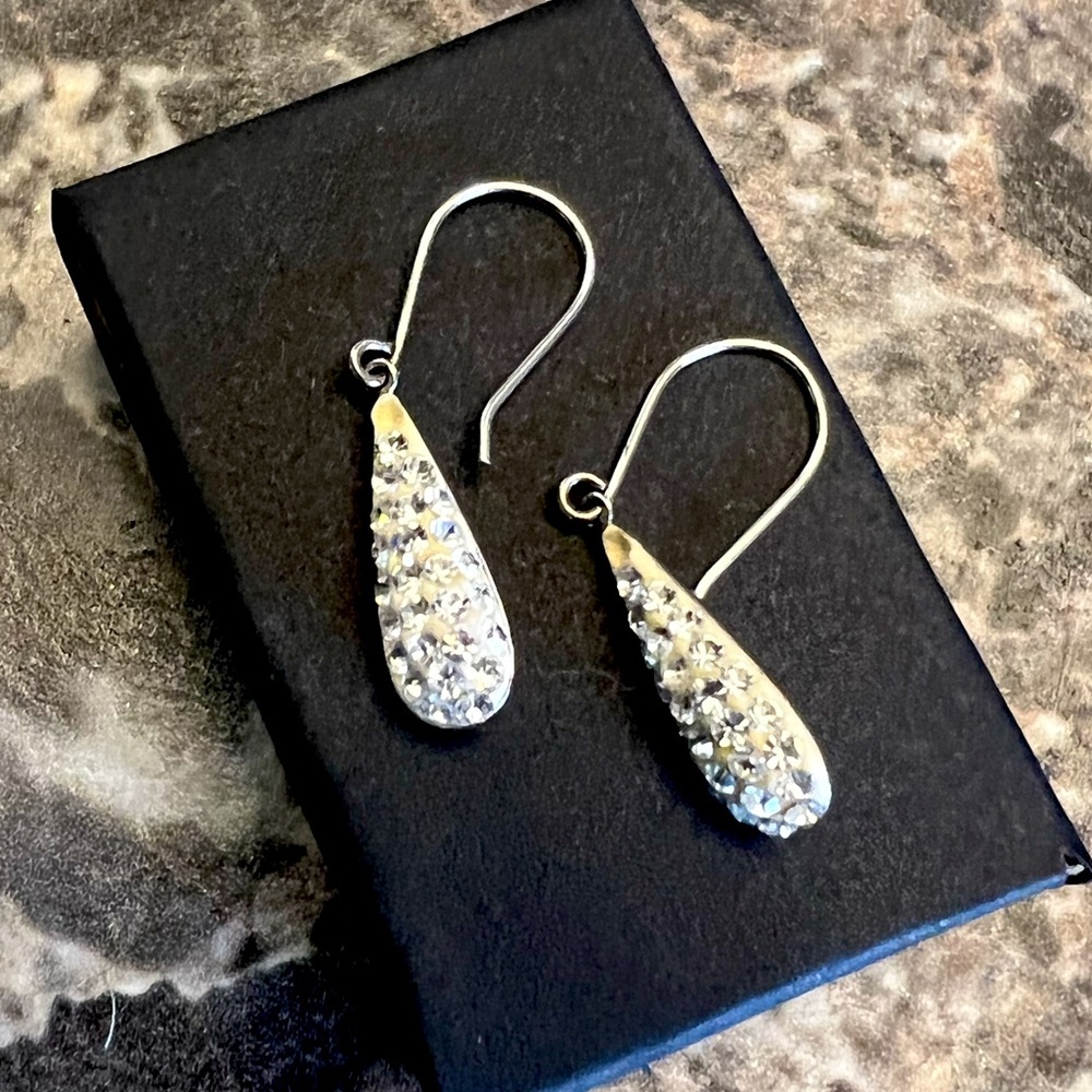 4/$25 Teardrop shaped crystal covered sterling plated earrings